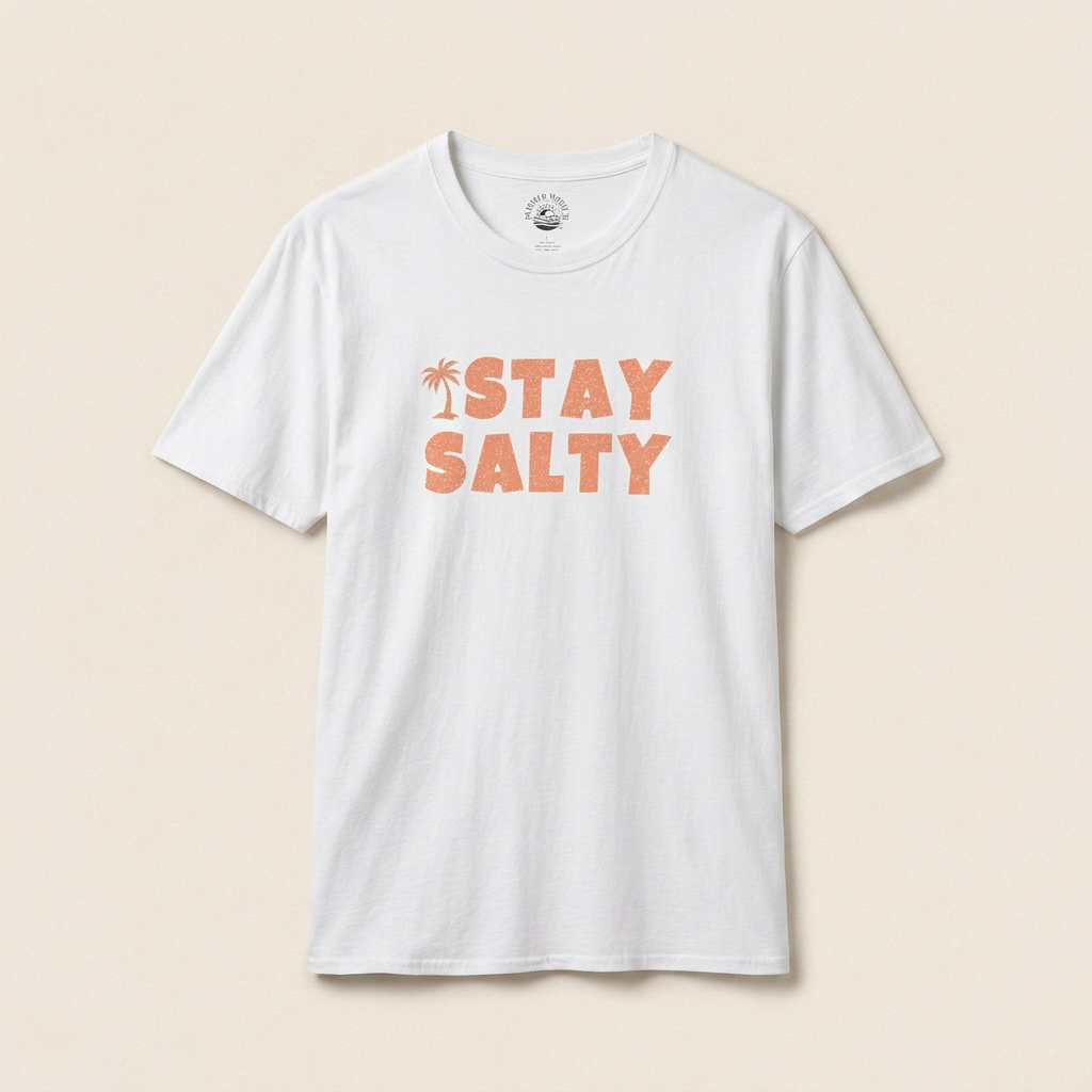 White t-shirt with 'Stay Salty' text on a beige background