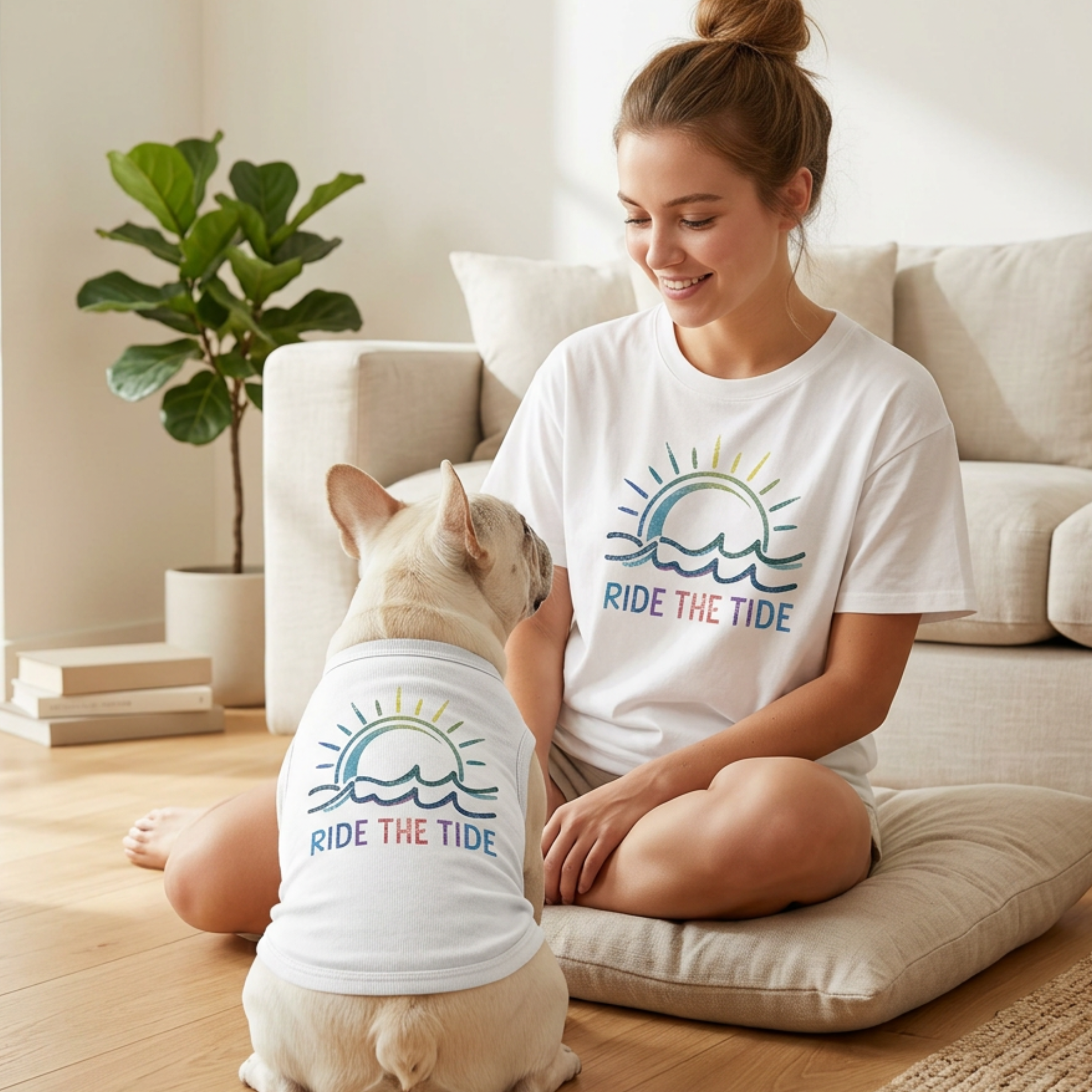 Woman and dog wearing white 'Ride the Tide' shirts sitting on a couch in a living room.