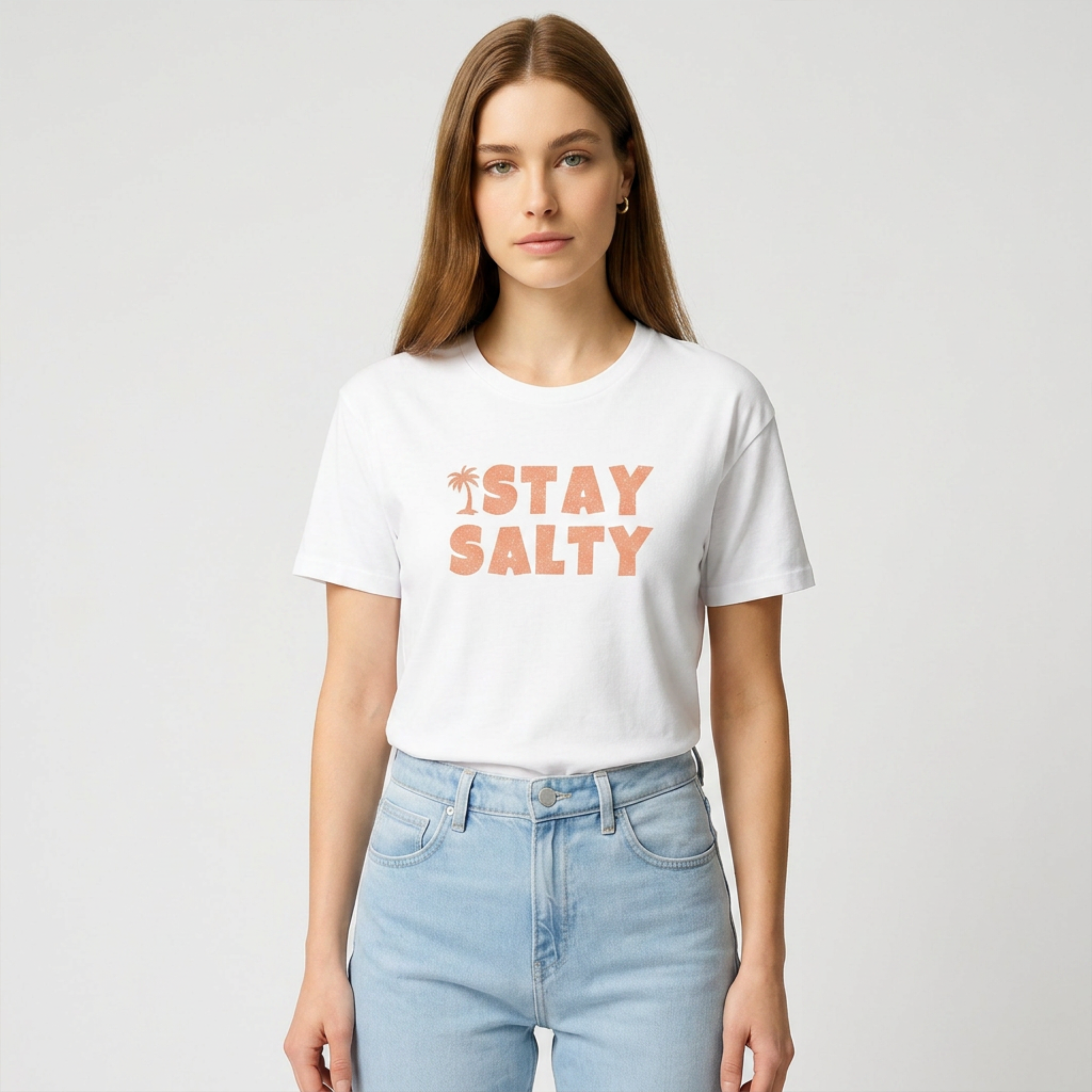 white stay salty graphic t shirt on woman soft cotton summer tee minimalist coastal outfit light wash jeans