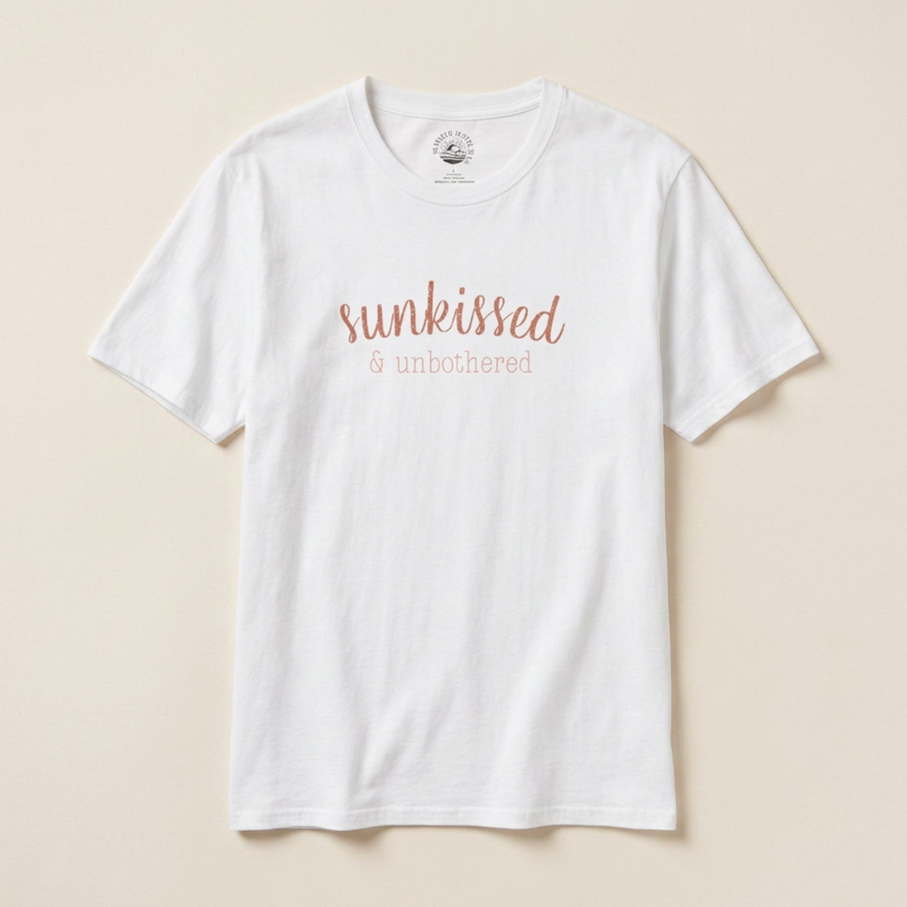White t-shirt with 'sunkissed & unbothered' text on a beige background