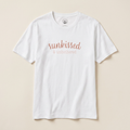 White t-shirt with 'sunkissed & unbothered' text on a beige background