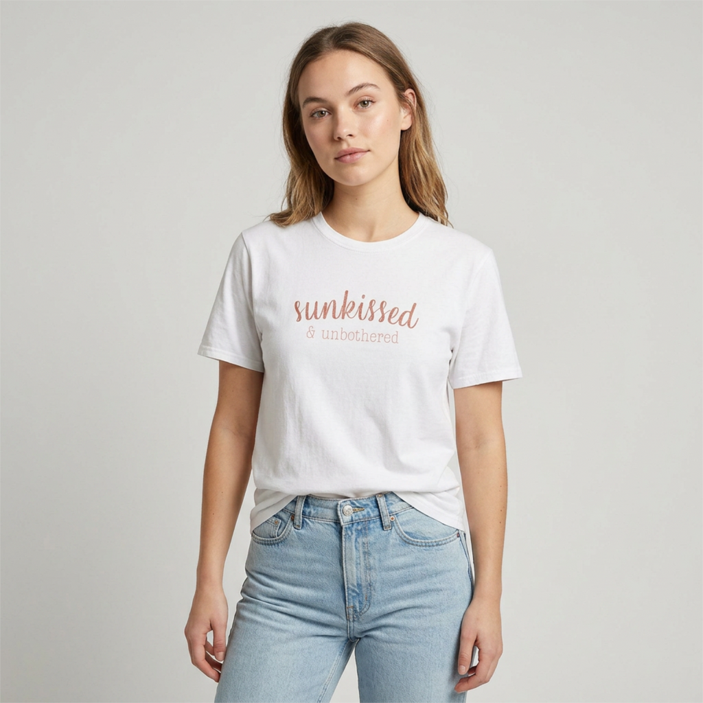 Woman wearing a white t-shirt with 'sunkissed & unrestrained' text and light blue jeans on a plain background