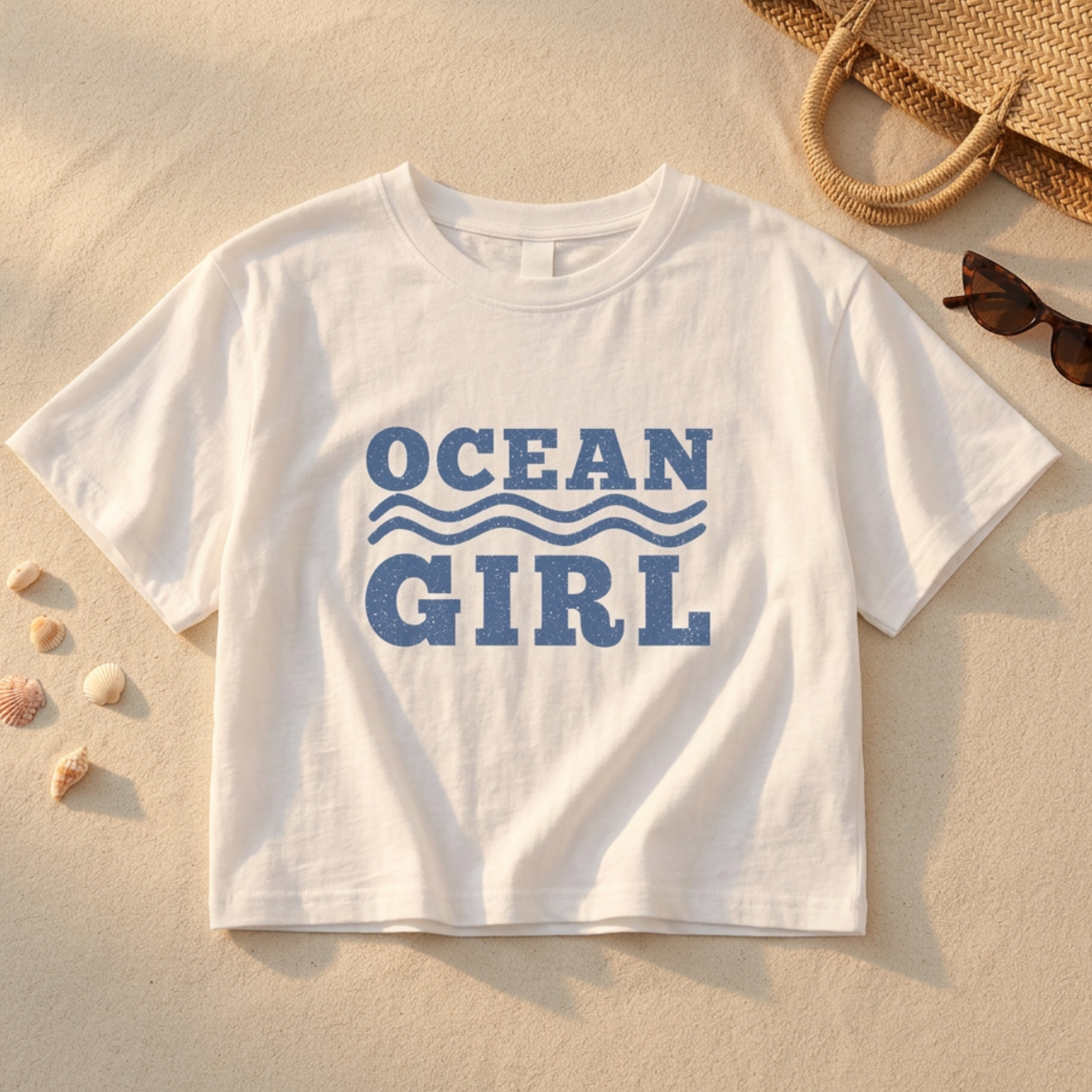 White t-shirt with 'Ocean Girl' text on sand with beach accessories