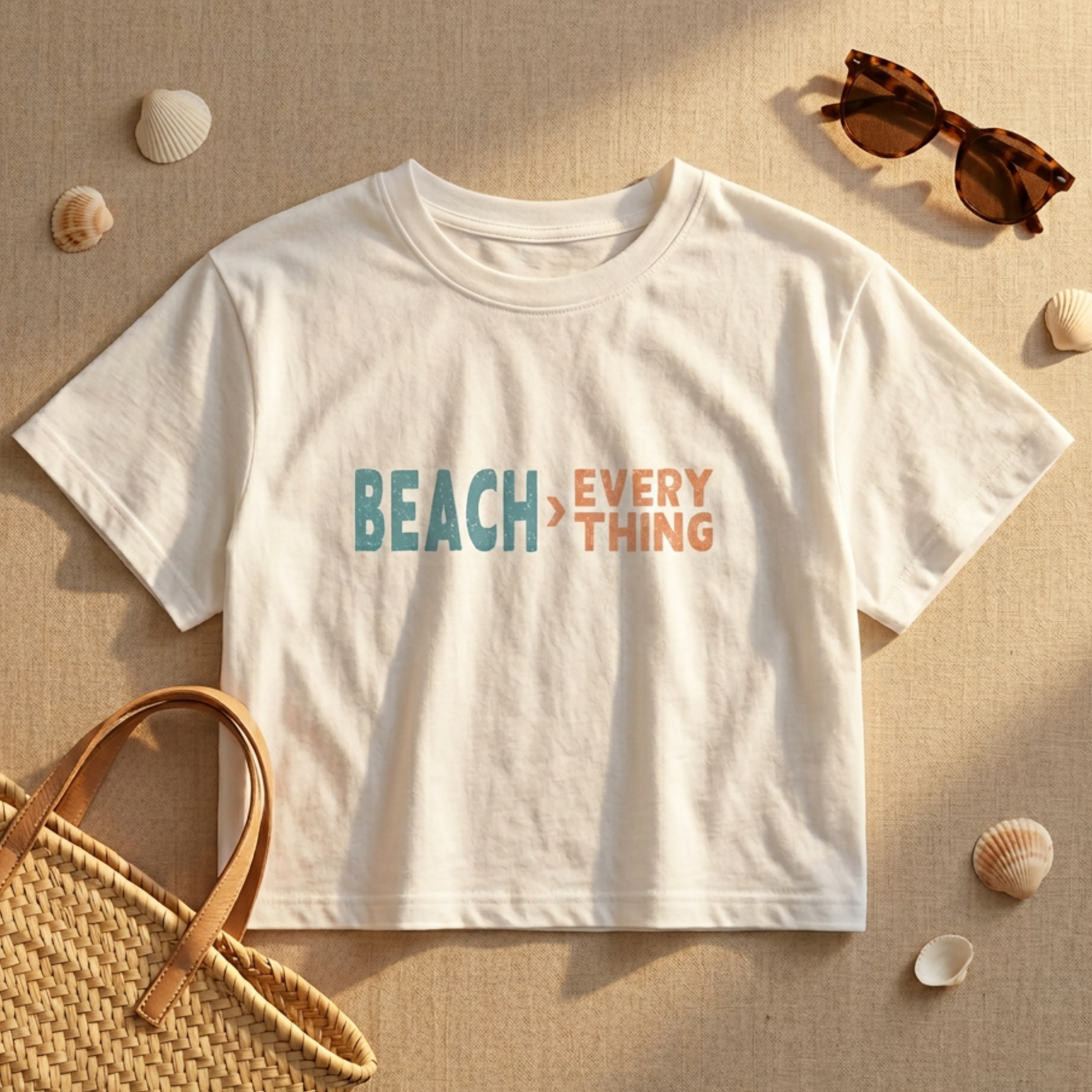 White t-shirt with 'BEACH > EVERYTHING' text on a sandy background with sunglasses, shells, and a bag.