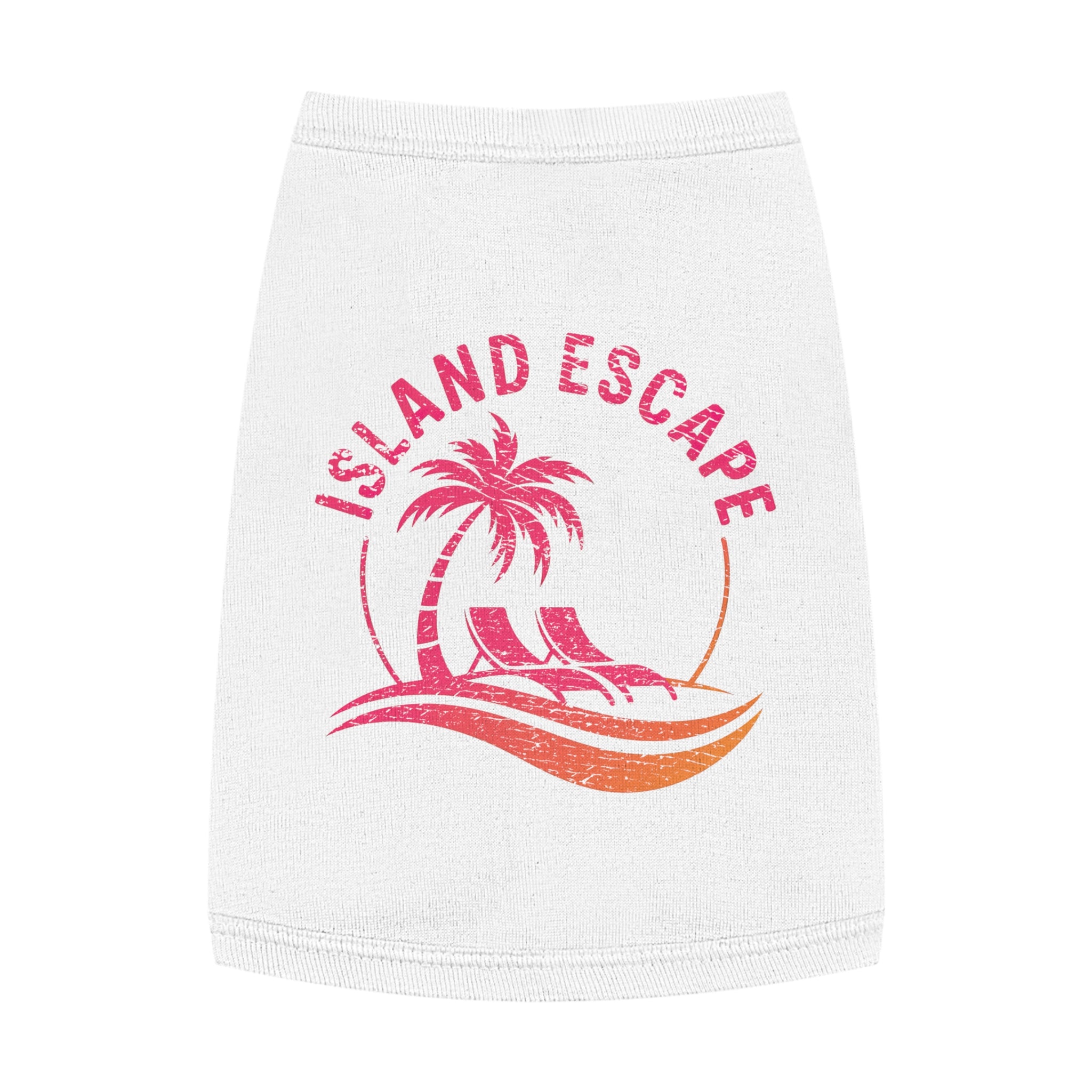 White pet shirt with pink 'Island Escape' design featuring a palm tree and wave on a white background