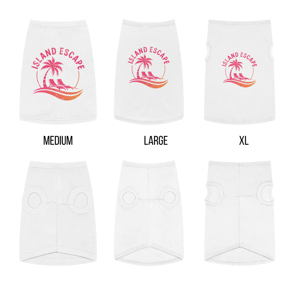 White shorts with 'Island Escape' design in pink and orange, shown in medium, large, and XL sizes.