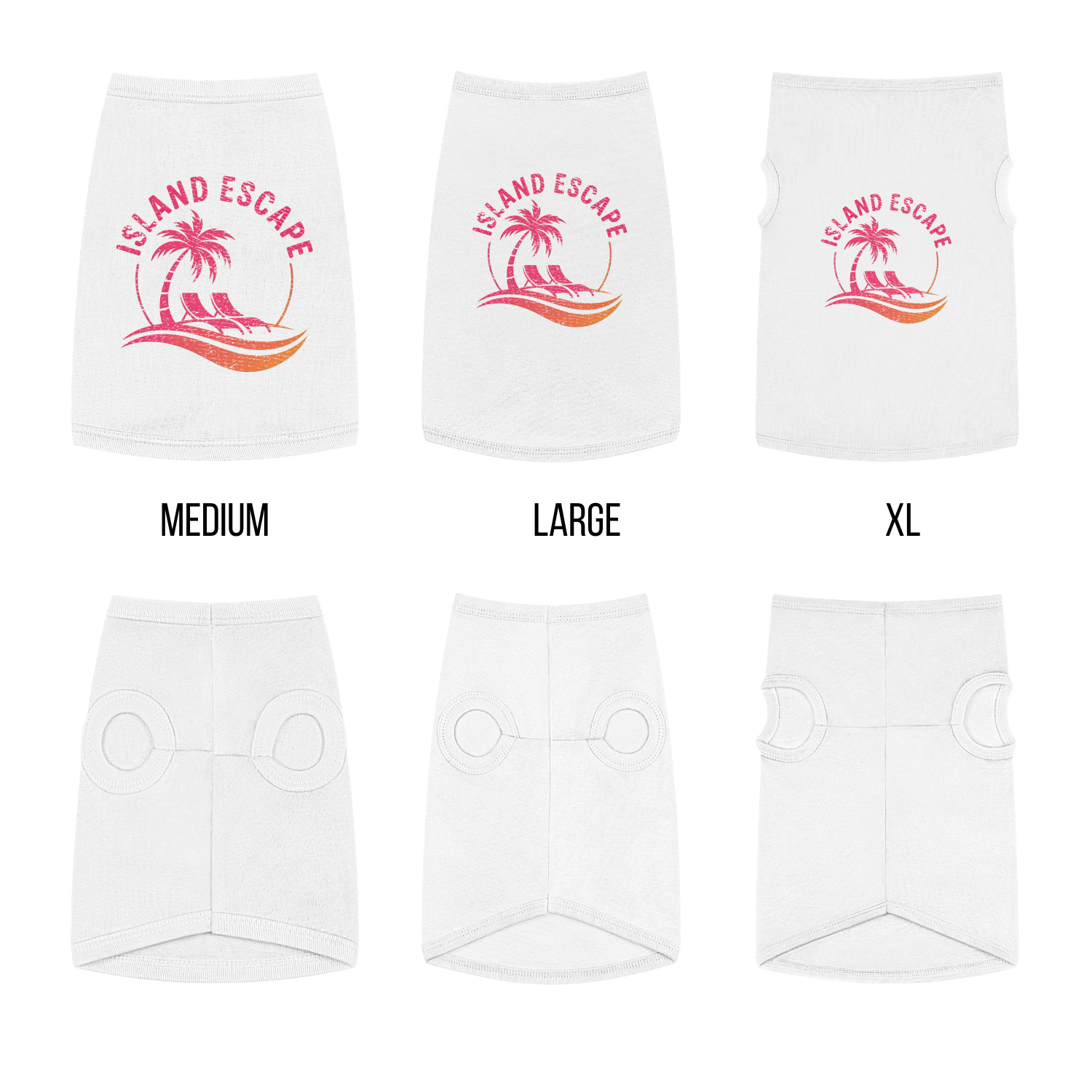 White shorts with 'Island Escape' design in pink and orange, shown in medium, large, and XL sizes.