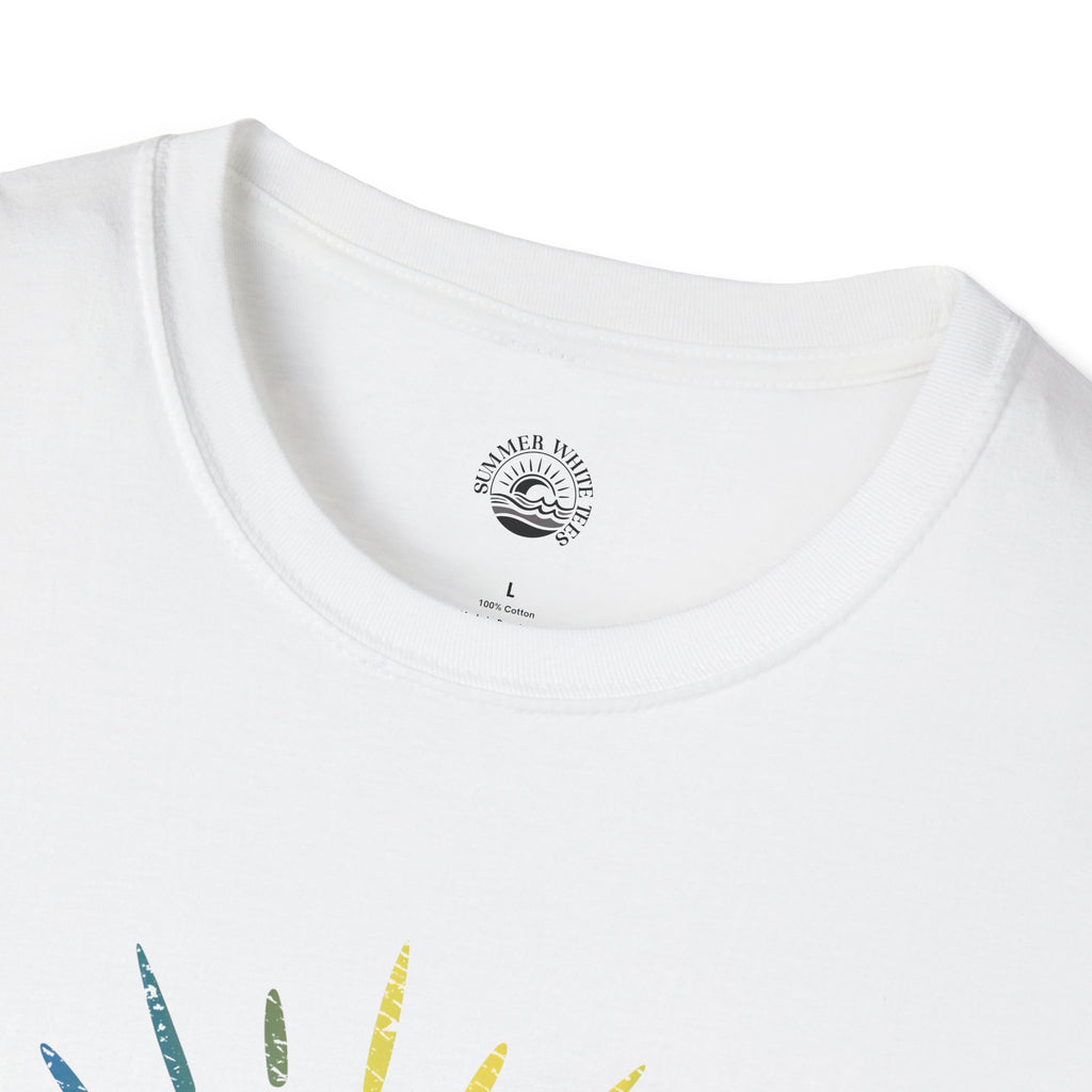 White t-shirt with colorful designs on a white background