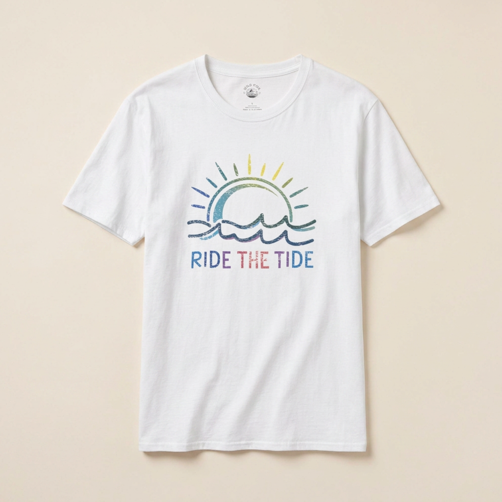 White t-shirt with 'Ride the Tide' graphic design on a beige background