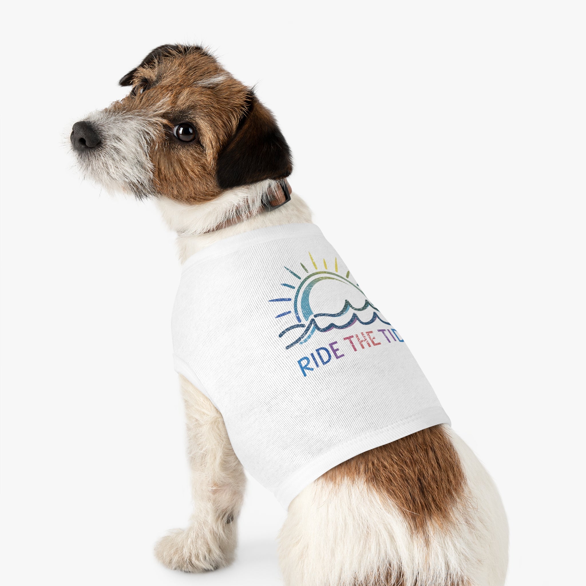 Dog wearing a medium white t-shirt with a logo and text on a white background