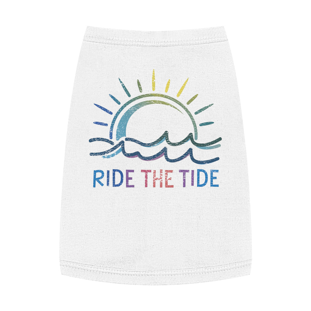 Medium White pet tank top with 'Ride the Tide' design on a white background