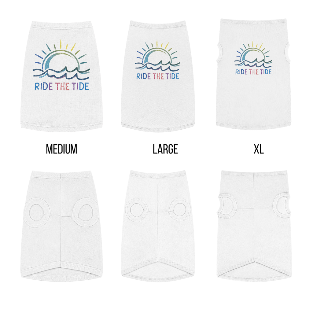 White pet shirts with 'Ride the Tide' logo and size labels on a white background
