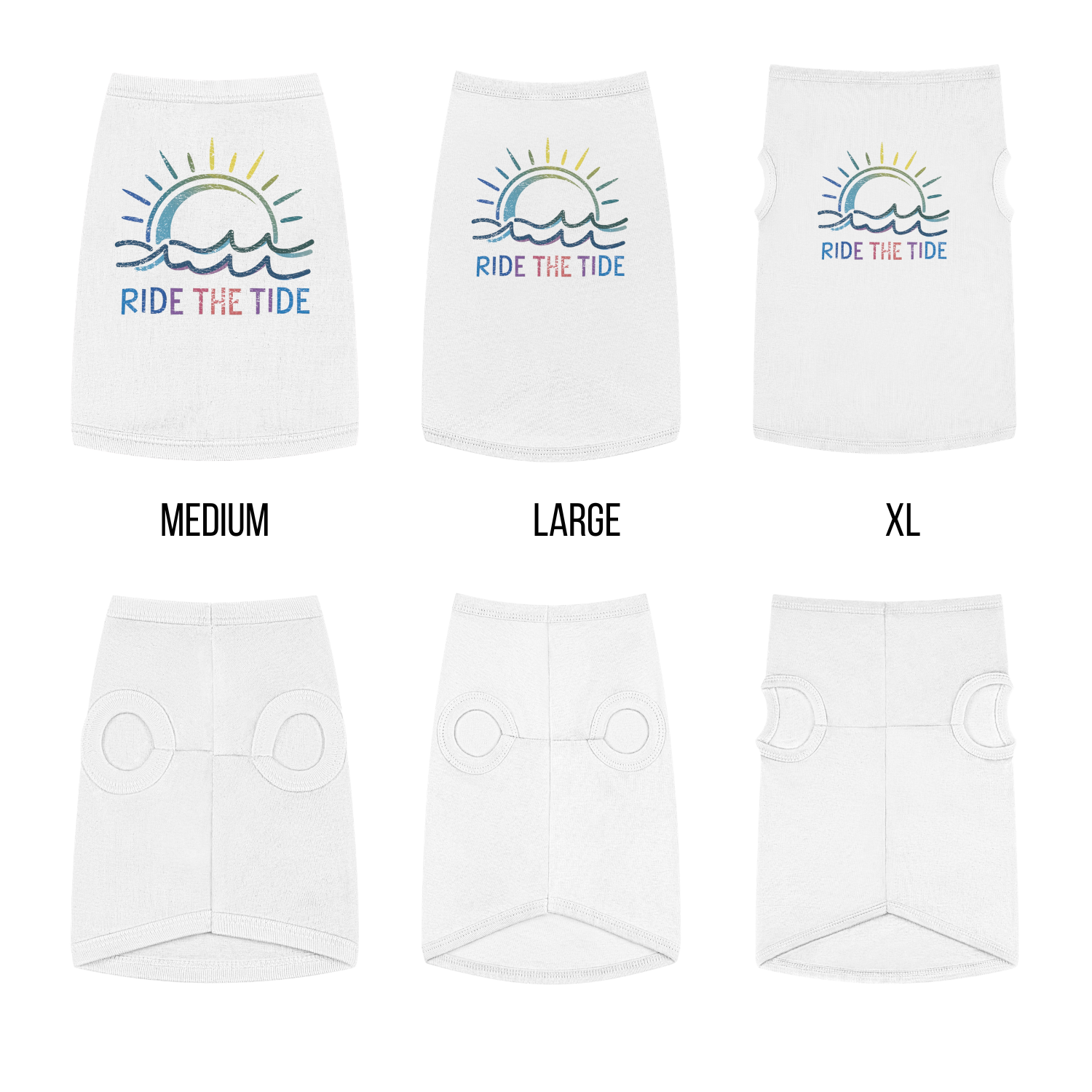 White pet shirts with 'Ride the Tide' logo and size labels on a white background