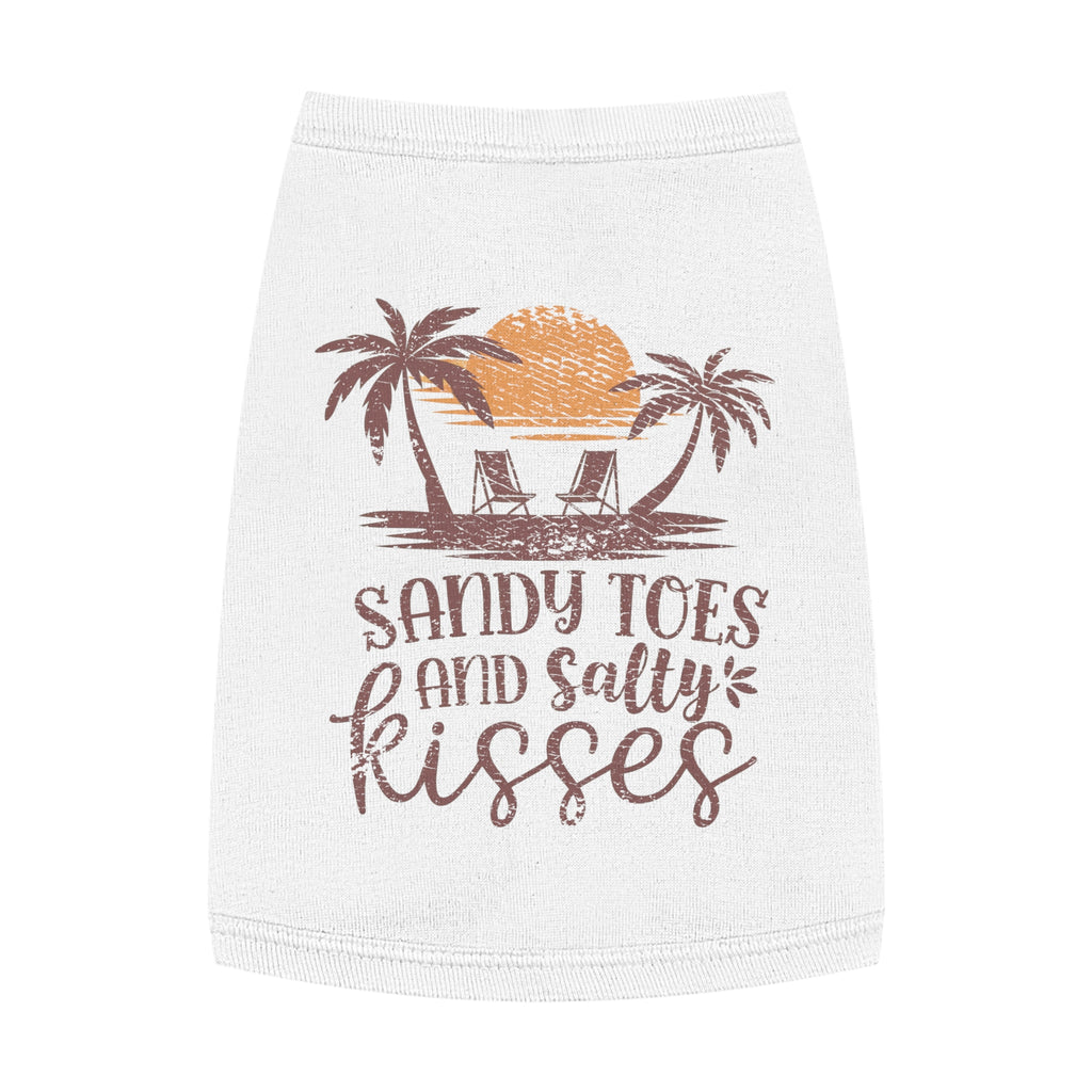 White pet shirt with 'Sandy Toes and Salty Kisses' text and palm tree design on a white background