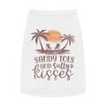 White pet shirt with 'Sandy Toes and Salty Kisses' text and palm tree design on a white background