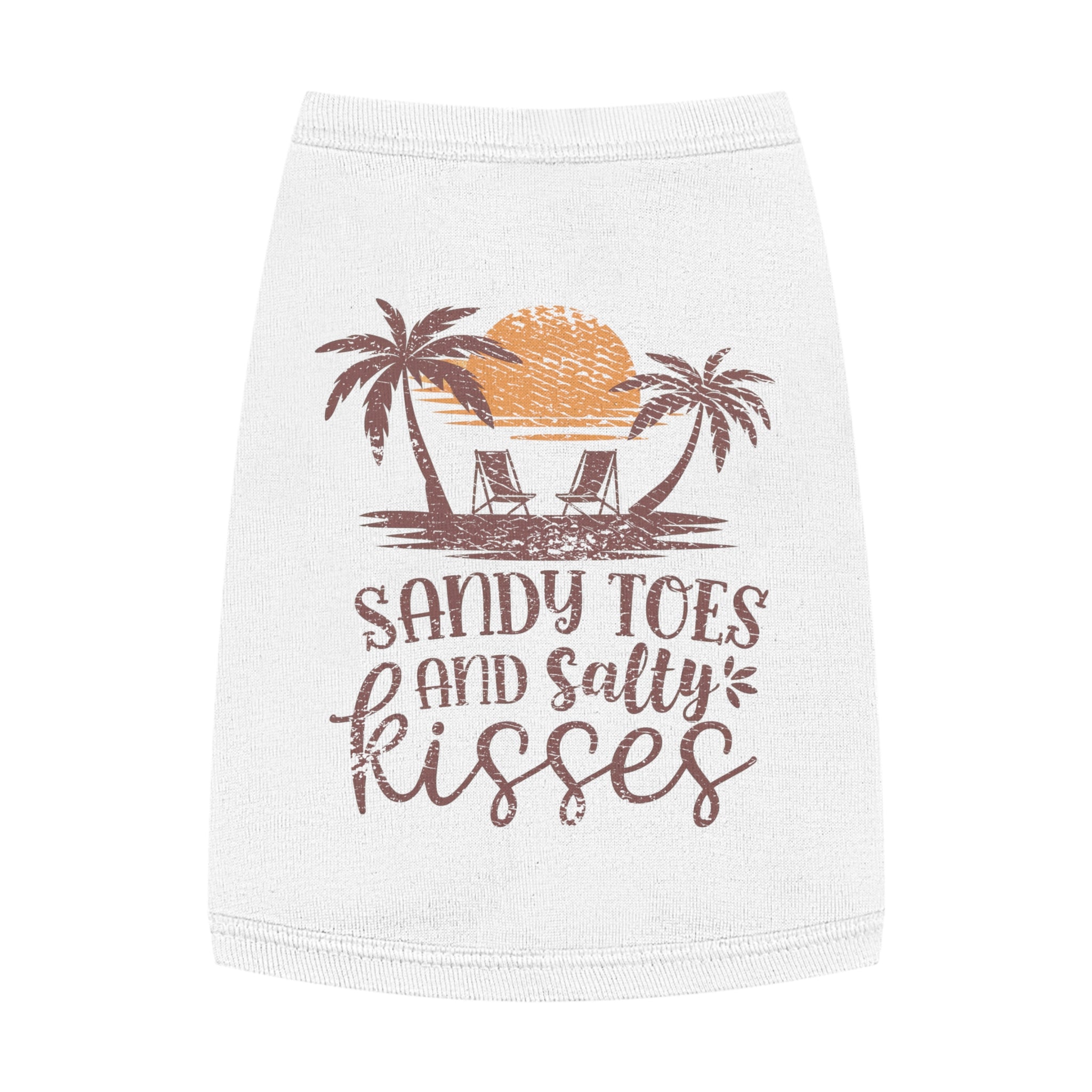 White pet shirt with 'Sandy Toes and Salty Kisses' text and palm tree design on a white background