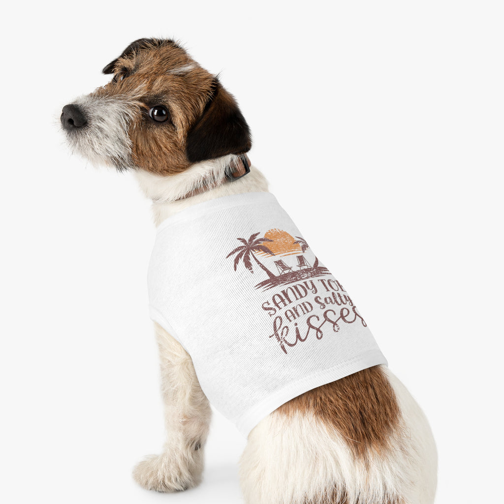 Dog wearing a white t-shirt with a graphic and text on a white background