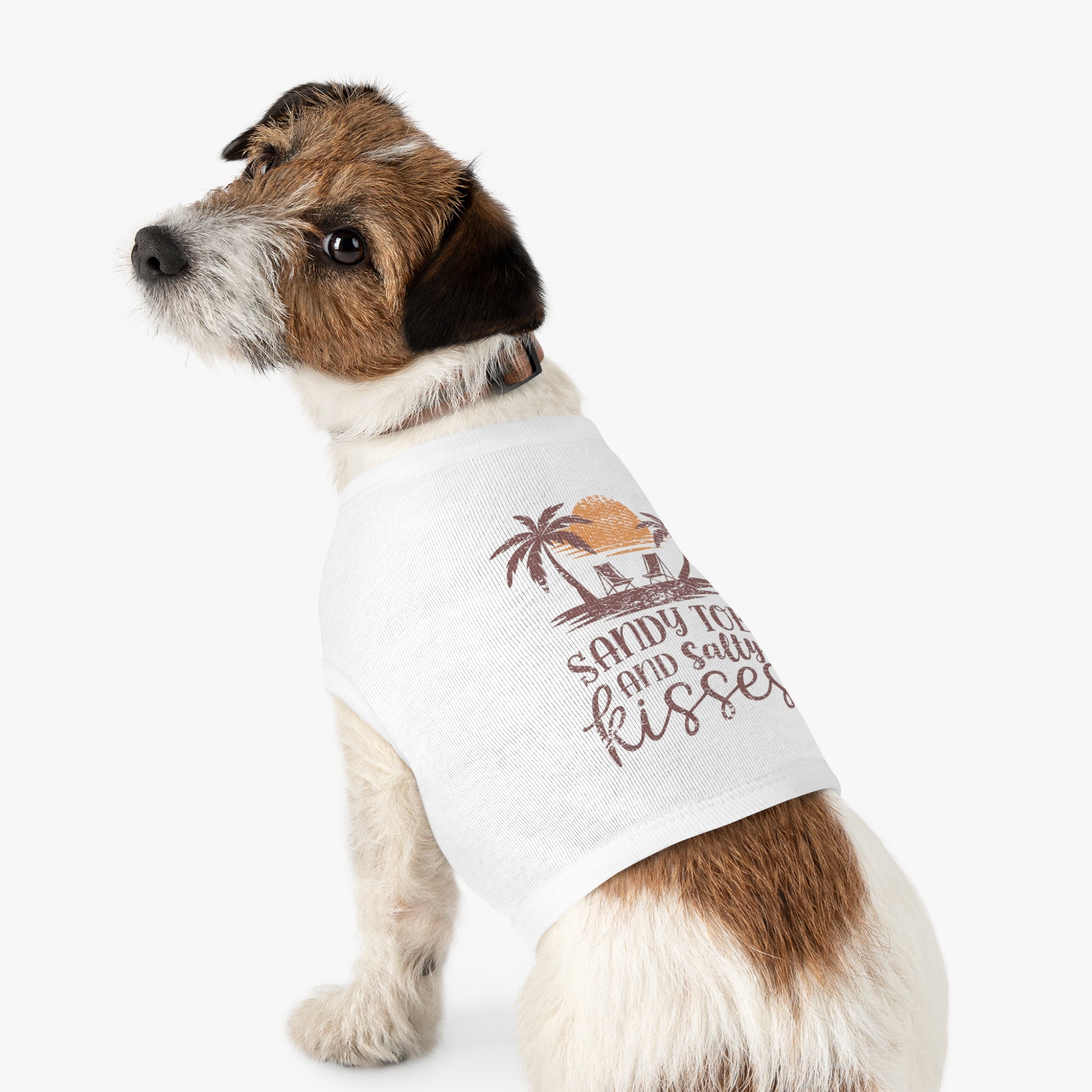 Dog wearing a white t-shirt with a graphic and text on a white background