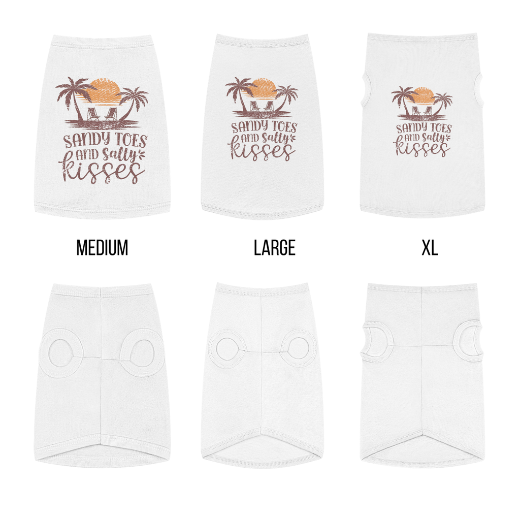 White pet shirts with 'Sandy Toes and Salty Kisses' text and palm tree design, shown in medium, large, and XL sizes.
