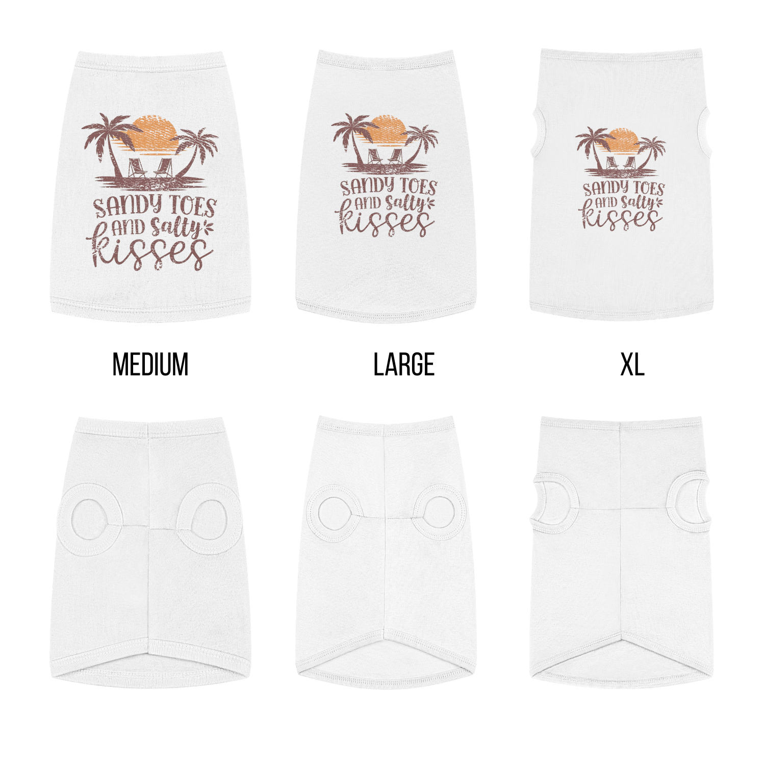 White pet shirts with 'Sandy Toes and Salty Kisses' text and palm tree design, shown in medium, large, and XL sizes.