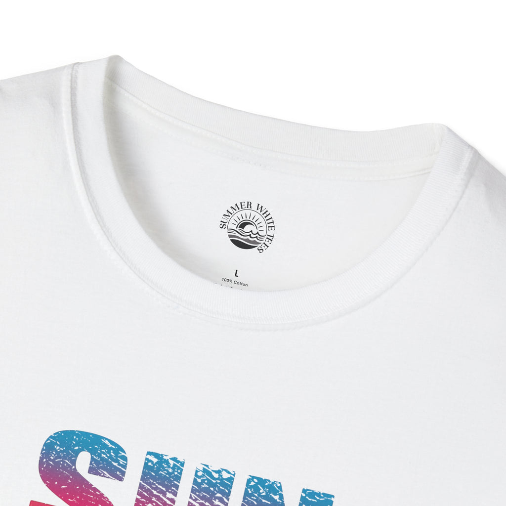 White t-shirt with colorful 'SUMMER' design and a logo on the collar.