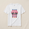 White t-shirt with 'Sun Sand Fun' text and palm tree graphics on a beige background