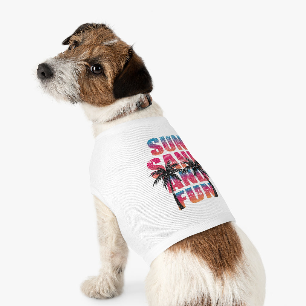 Dog wearing a medium white t-shirt with a graphic of a German Shepherd in a suit on a white background