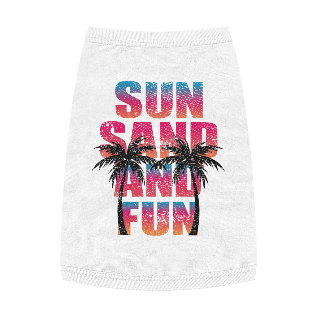 White pet shirt with colorful 'Sun Sand and Fun' text and palm tree design on a white background