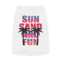White pet shirt with colorful 'Sun Sand and Fun' text and palm tree design on a white background