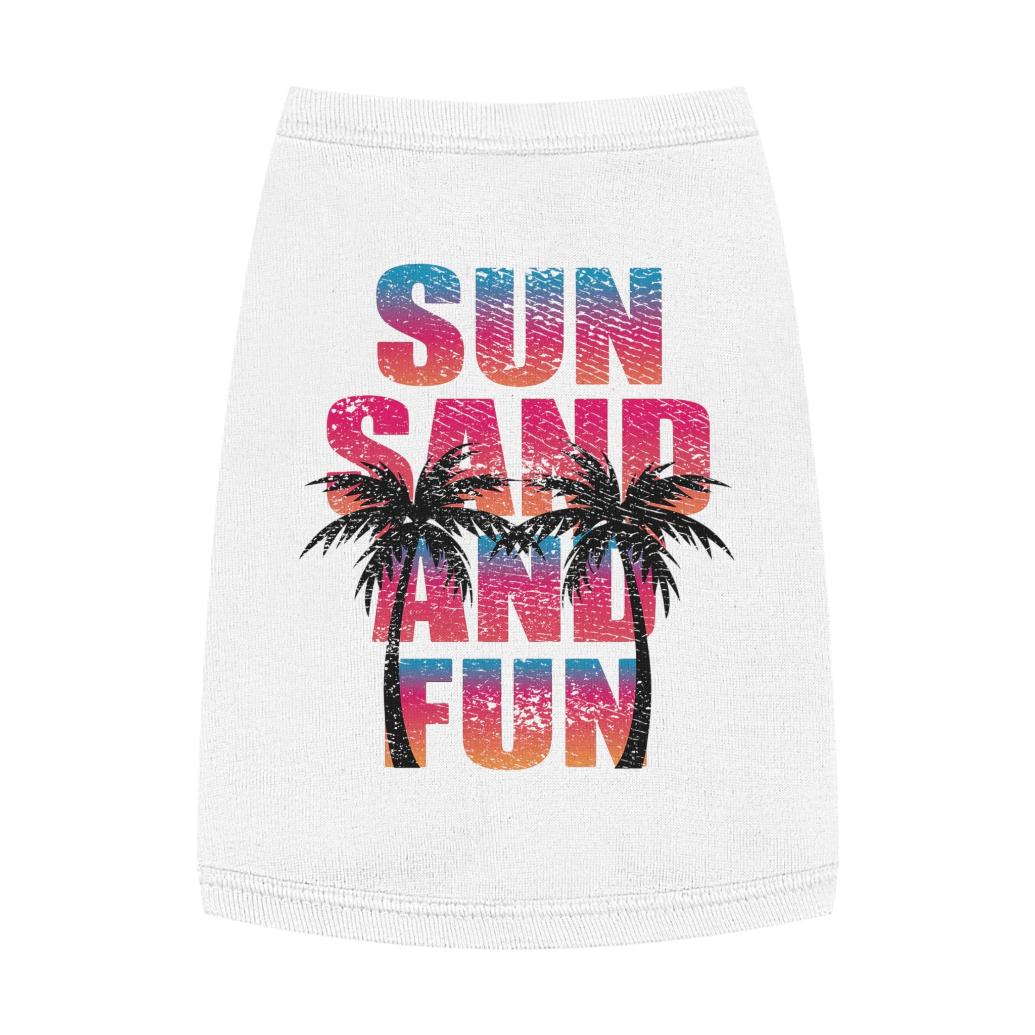 White pet shirt with colorful 'Sun Sand and Fun' text and palm tree design on a white background