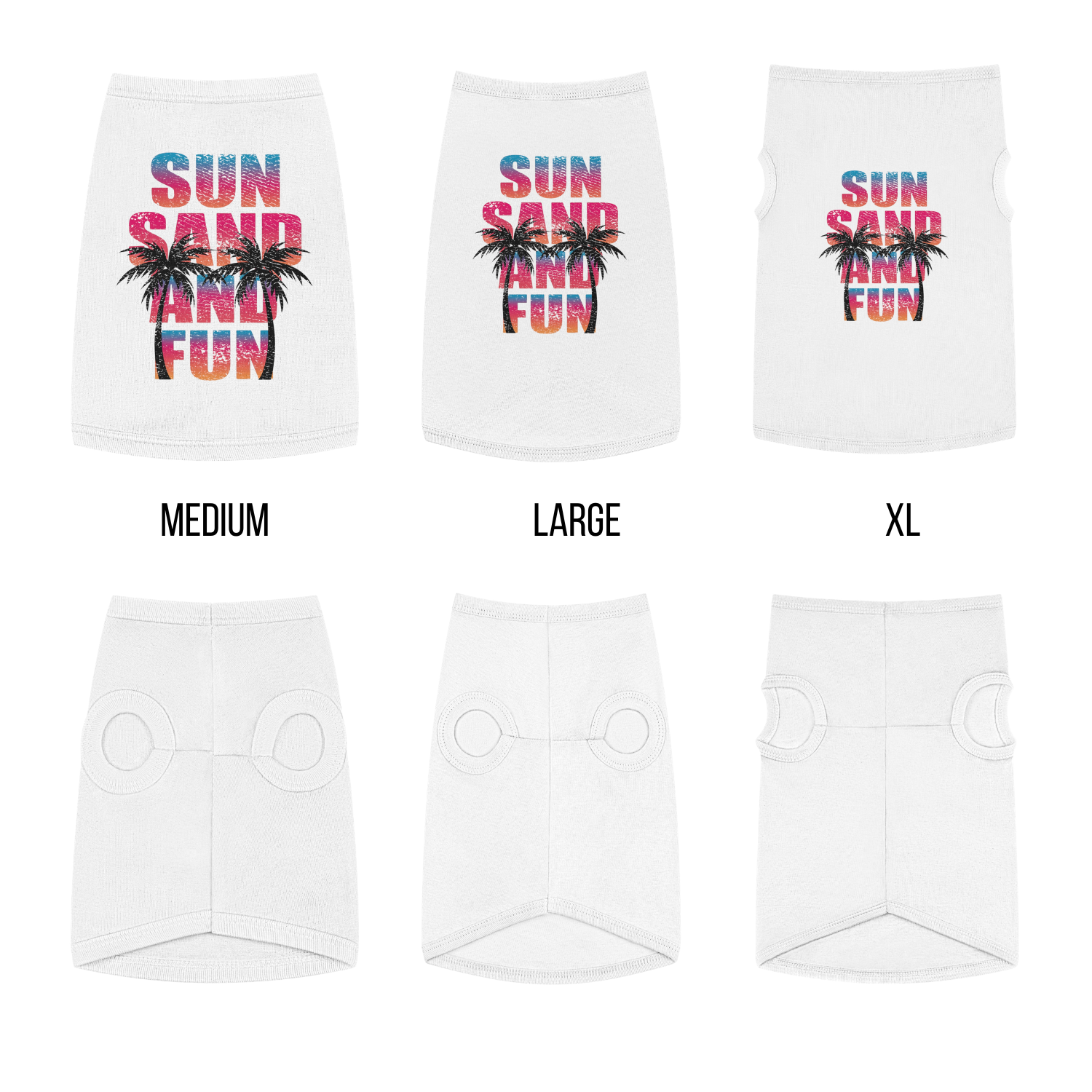 White pet shirts with 'Sun, Sand, and Fun' text and palm tree design, shown in medium, large, and XL sizes.