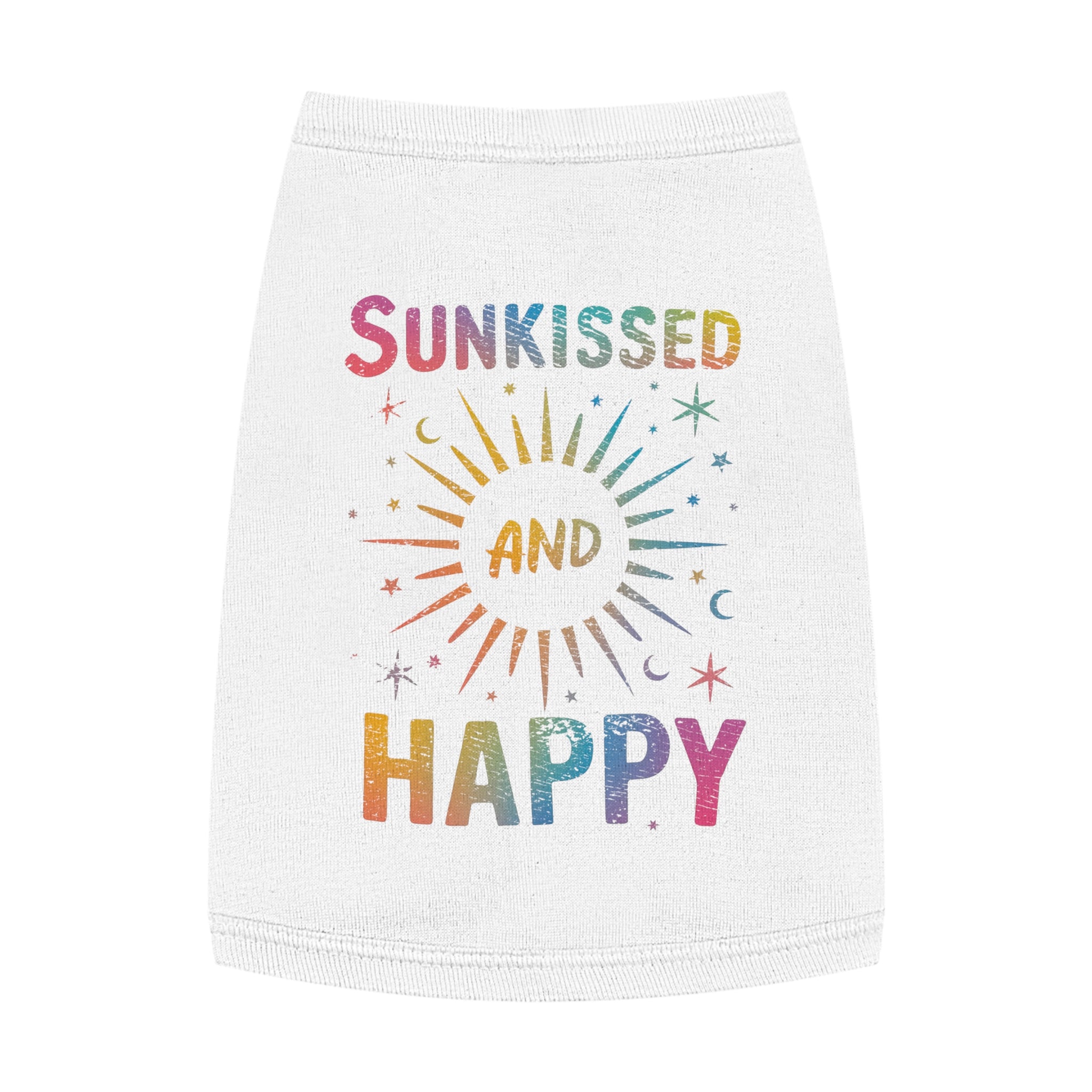 White pet shirt with colorful 'Sunkissed and Happy' text design on a white background