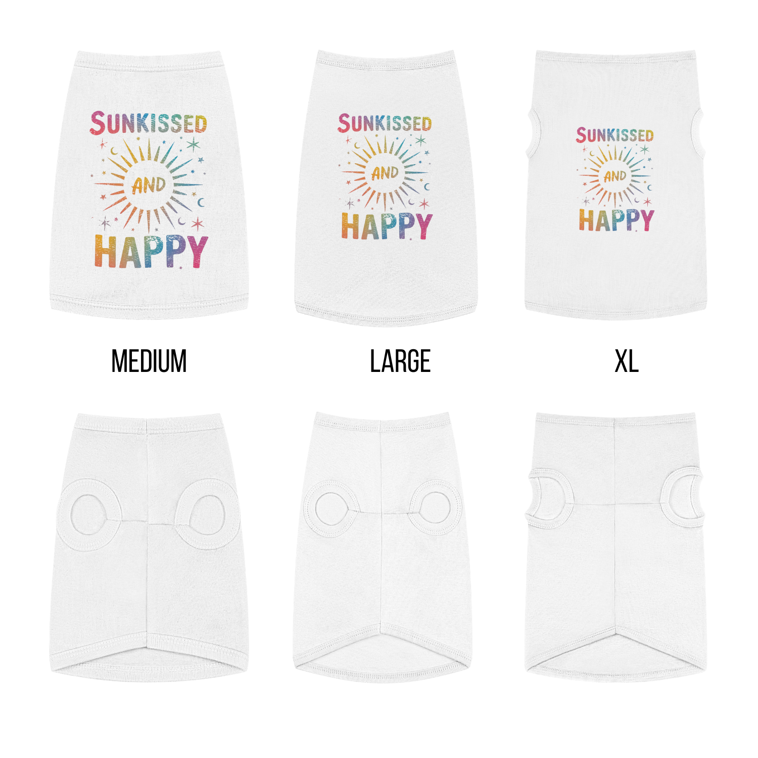 White pet shirts with 'Sunkissed and Happy' text and colorful design, shown in medium, large, and XL sizes