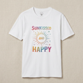 White t-shirt with 'Sunkissed and Happy' text on a beige background