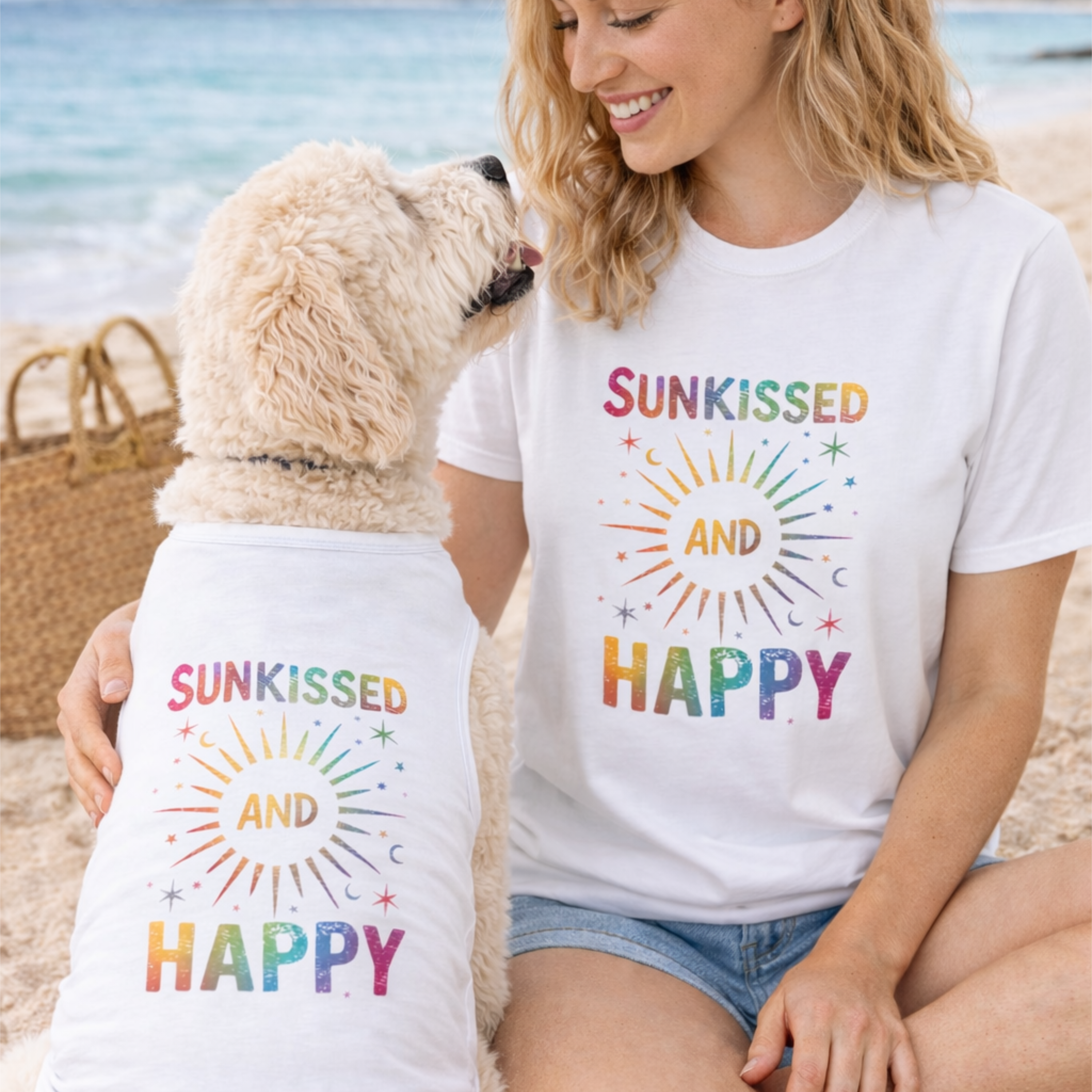 Woman and dog wearing white 'Sunkissed and Happy' shirts on a beach.
